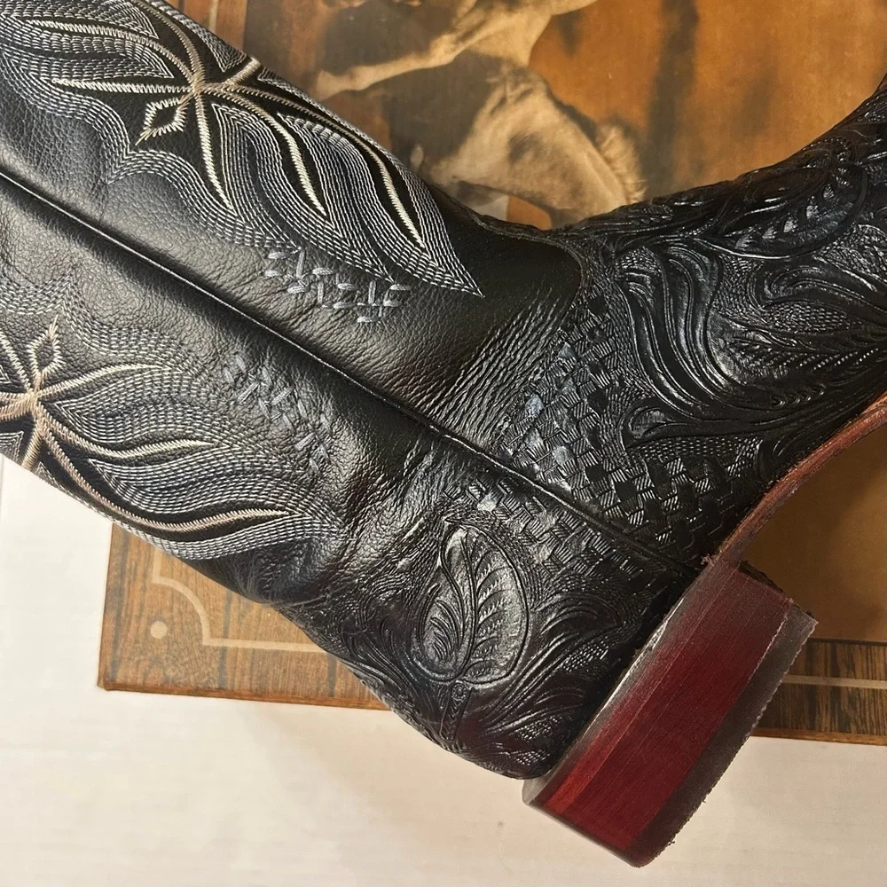 Men's Cowboy Boots Size 10 Black Leather Handmade Intricate Detail Square Toe